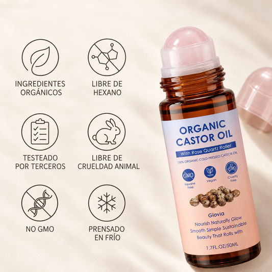 Aceite de castor orgánico con rodillo de cuarzo rosa