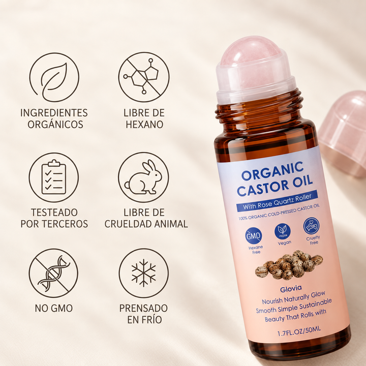 Aceite de castor orgánico con rodillo de cuarzo rosa